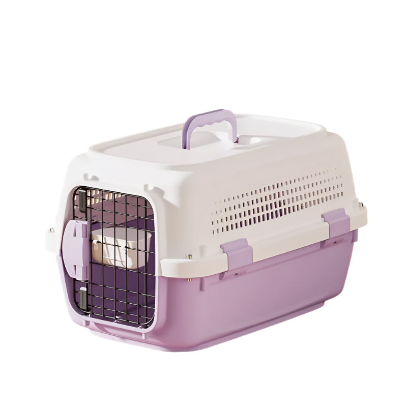 Purple and white pet carrier with dimensions on a wooden floor
