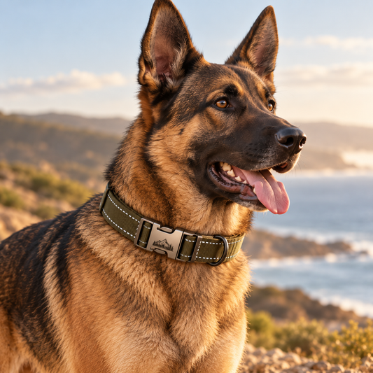 Illustrative lifestyle image of a dog wearing an outdoor collar