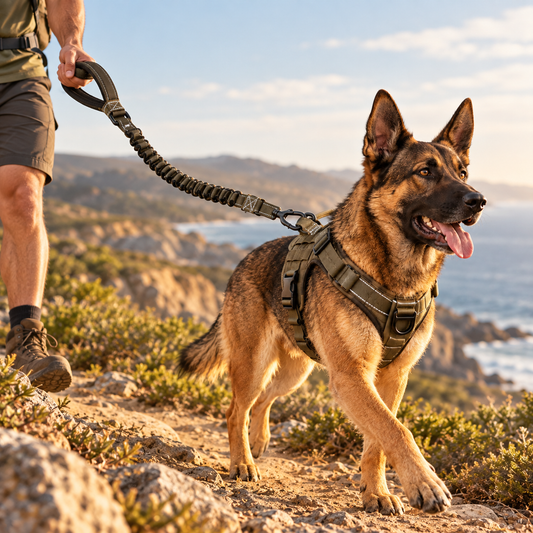 Illustrative lifestyle image of an active dog on a bungee lead outdoors