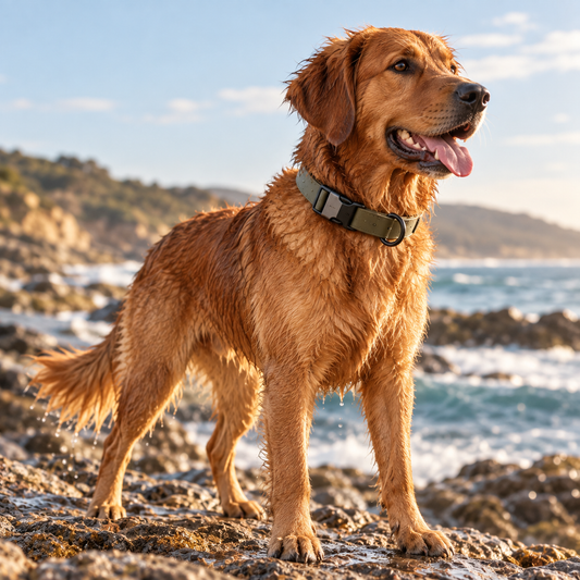 Dog outdoors wearing adventure collar