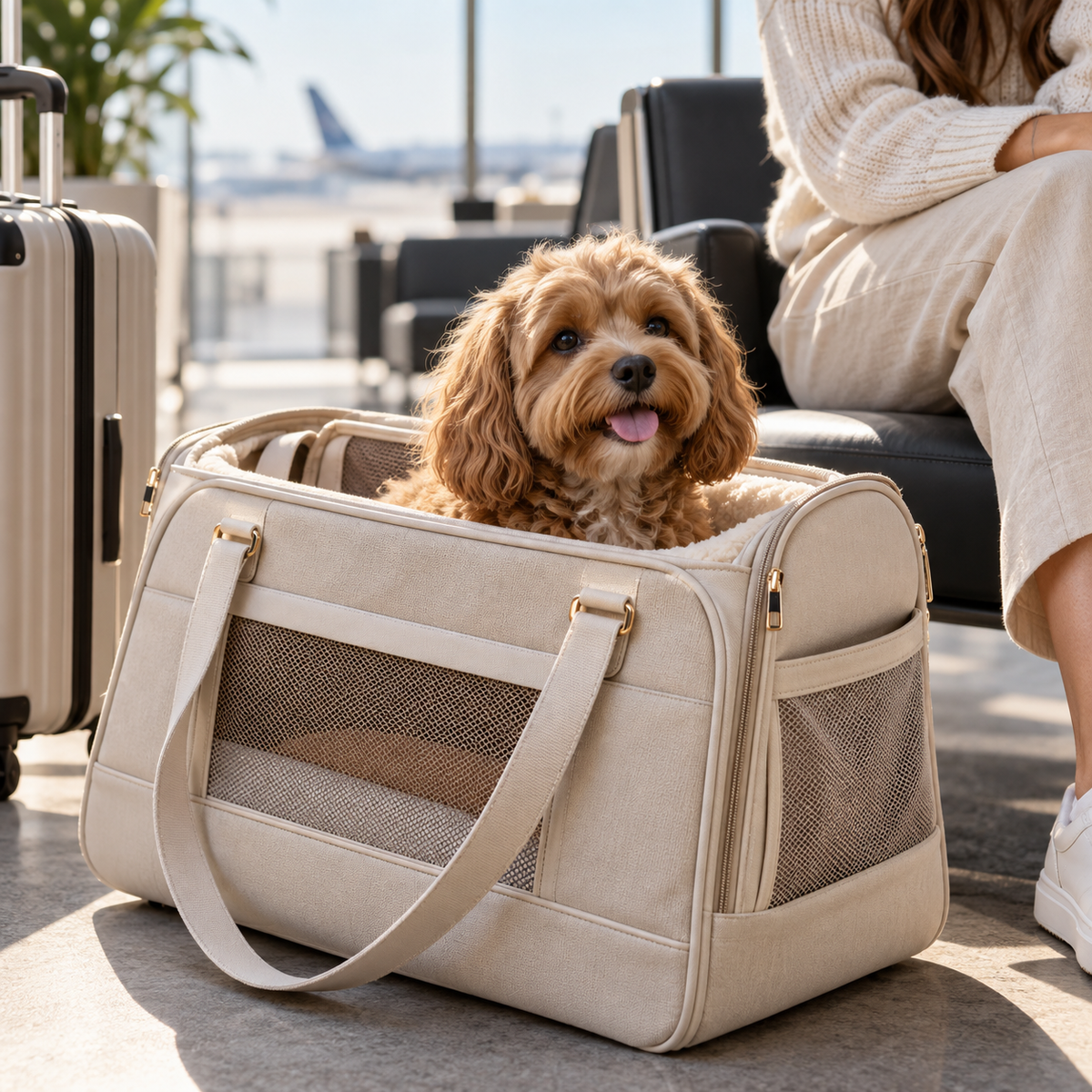 Small dog relaxing in a travel carrier during a journey