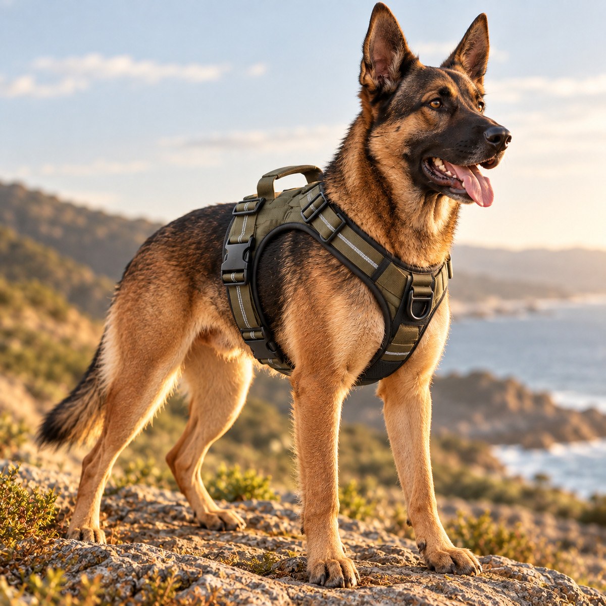Dog wearing Earth Pet-style adventure harness on a coastal walk
