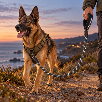 Reflective dog walking gear at dusk