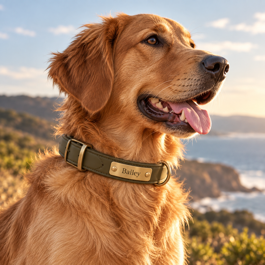 Illustrative lifestyle image of a dog wearing a personalised collar