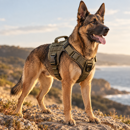 Dog wearing an adventure-style walking harness outdoors