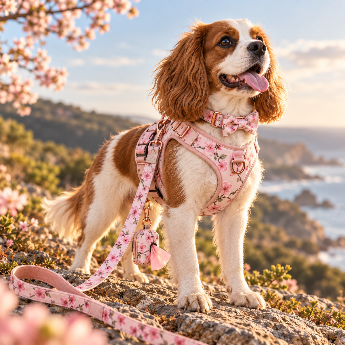 Illustrative lifestyle image of a dog wearing a coordinated floral walking set